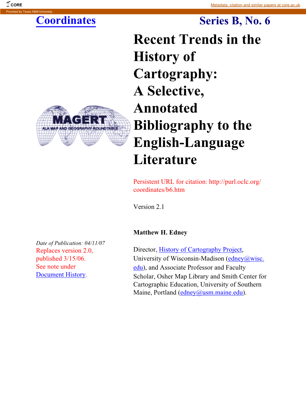 Recent Trends in the History of Cartography: a Selective, Annotated Bibliography to the English-Language