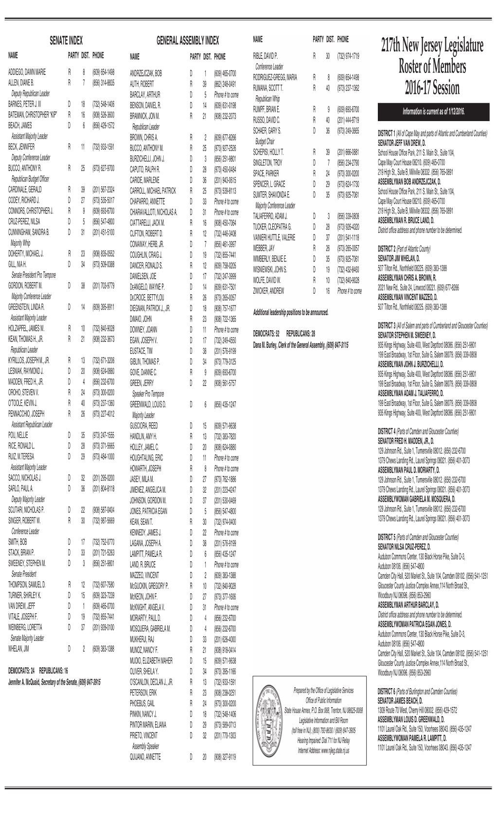 217Th New Jersey Legislature Roster of Members 2016-17 Session