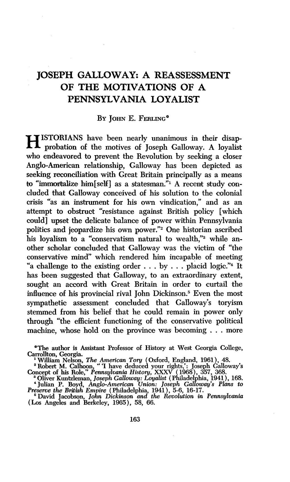 Joseph Galloway: a Reassessment of the Motivations of a Pennsylvania Loyalist