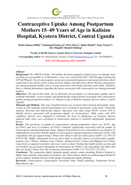 Contraceptive Uptake Among Postpartum Mothers 15–49 Years of Age in Kalisizo Hospital, Kyotera District, Central Uganda