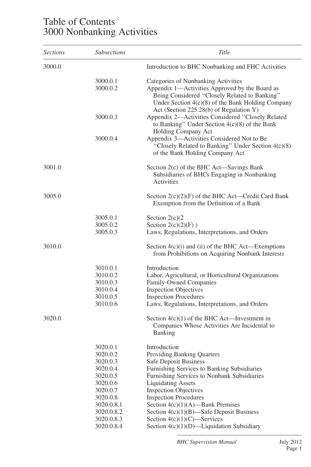 BHC Supervision Manual July 2012 Page 1 Table of Contents 3000 Nonbanking Activities