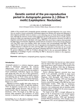 Genetic Control of the Pre-Reproductive Period in Autographa Gamma (L.) (Silver V Moth) (Lepidoptera: Noctuidae)