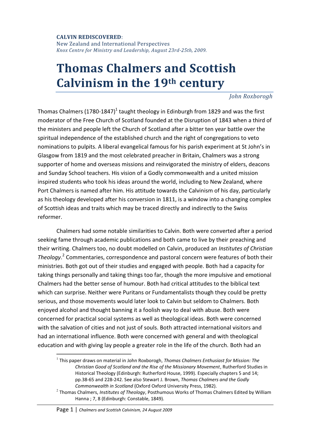 Chalmers and Calvinism in 19Th Century Scotland