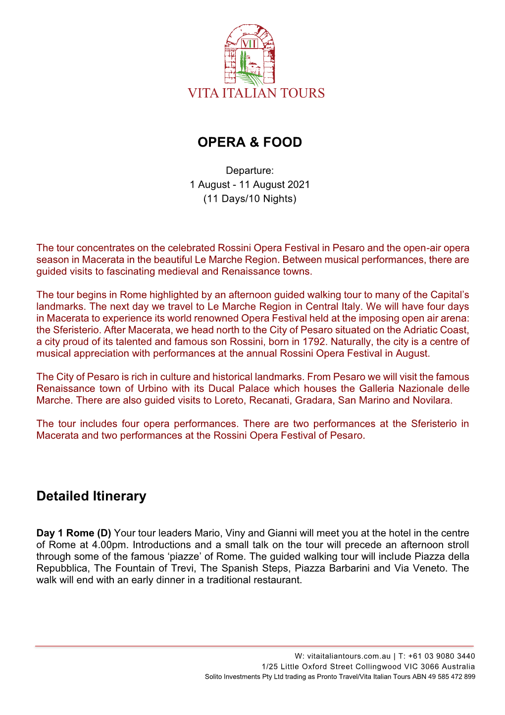 OPERA & FOOD Detailed Itinerary