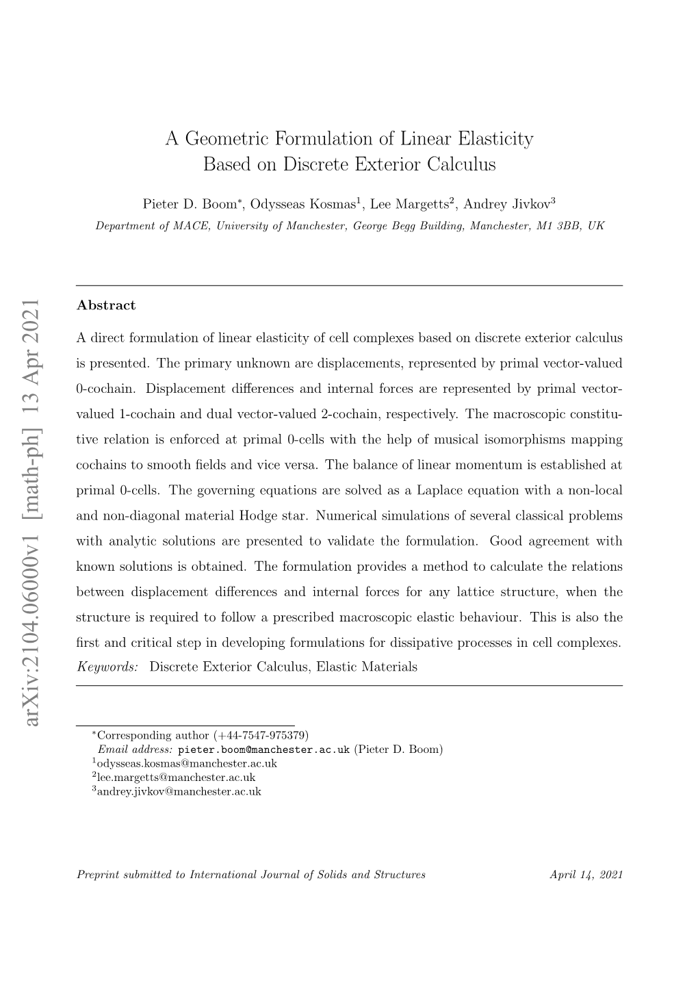 A Geometric Formulation of Linear Elasticity Based on Discrete Exterior Calculus