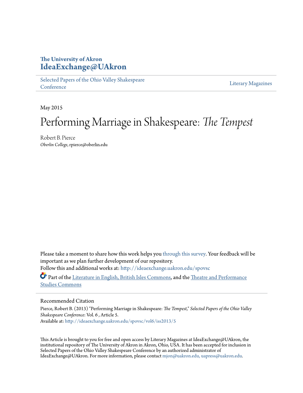 Performing Marriage in Shakespeare: &lt;I&gt;The Tempest&lt;/I&gt;