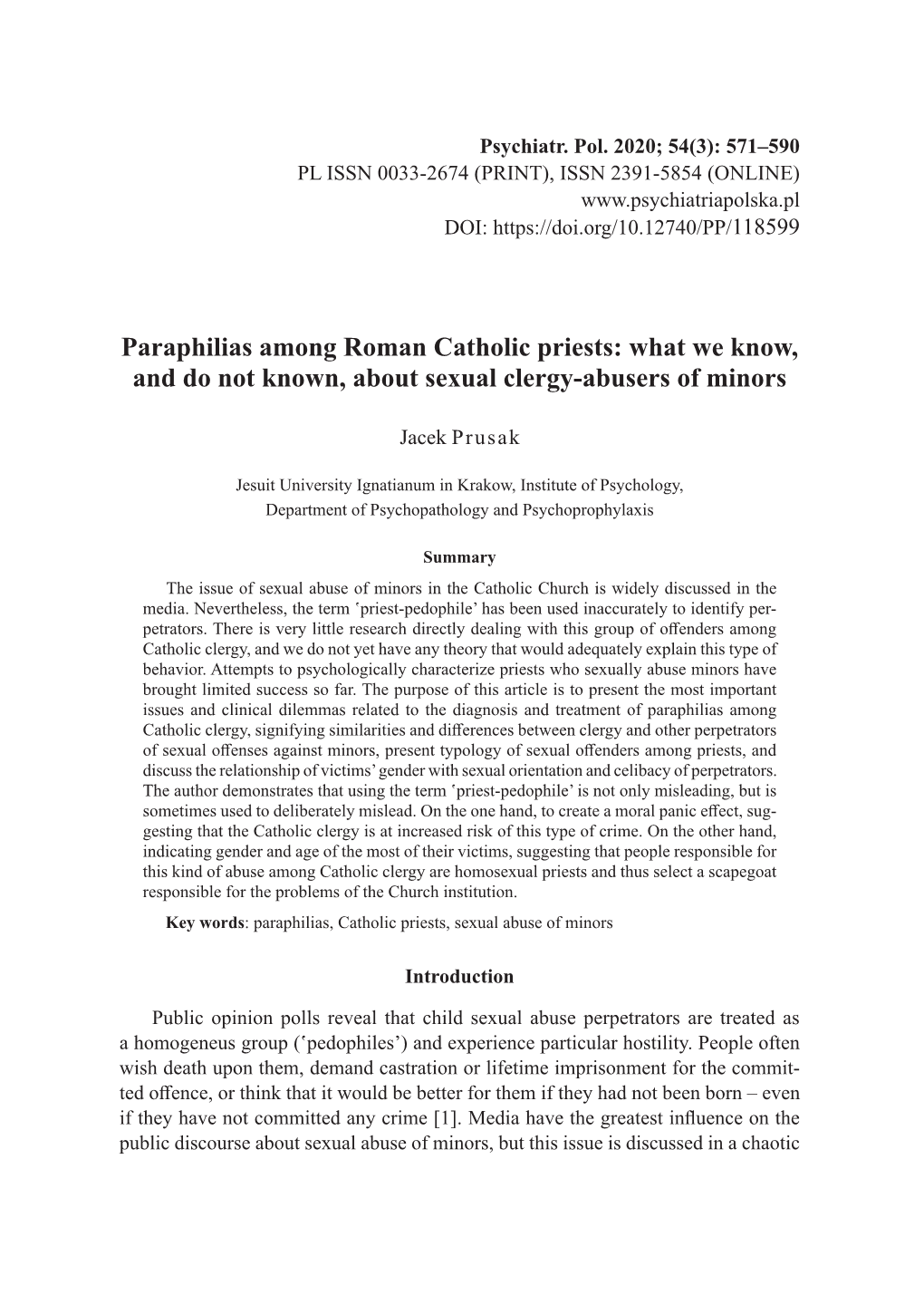 Paraphilias Among Roman Catholic Priests: What We Know, and Do Not Known, About Sexual Clergy-Abusers of Minors