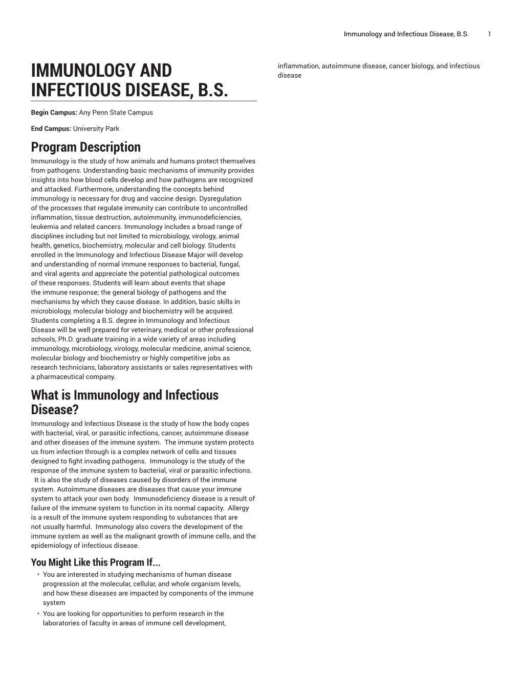 Immunology and Infectious Disease, B.S. 1