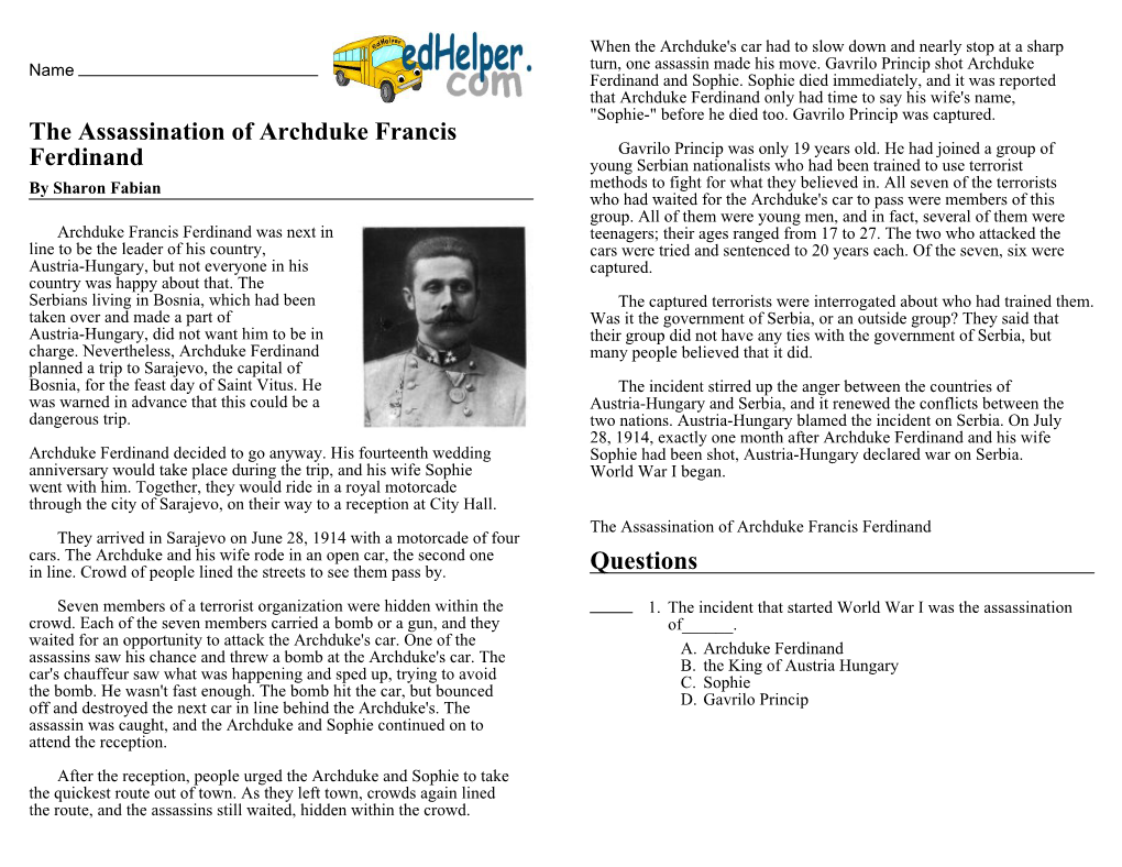 The Assassination of Archduke Francis Ferdinand Questions