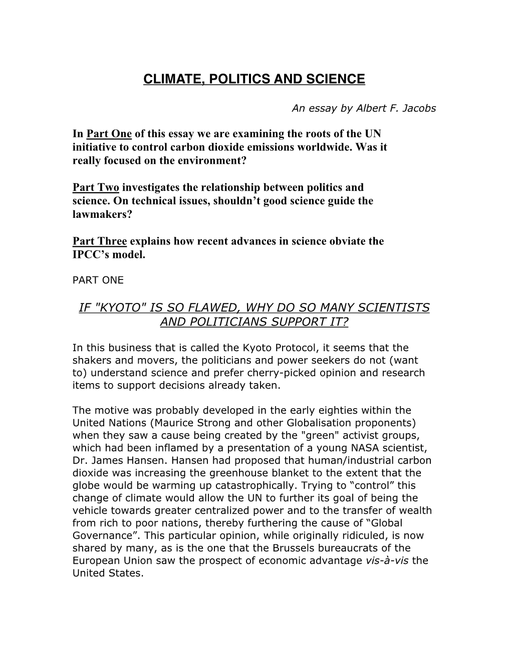 Climate, Politics and Science