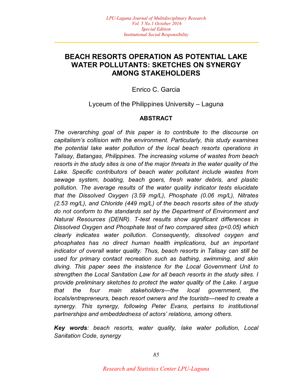 Beach Resorts Operation As Potential Lake Water Pollutants: Sketches on Synergy Among Stakeholders