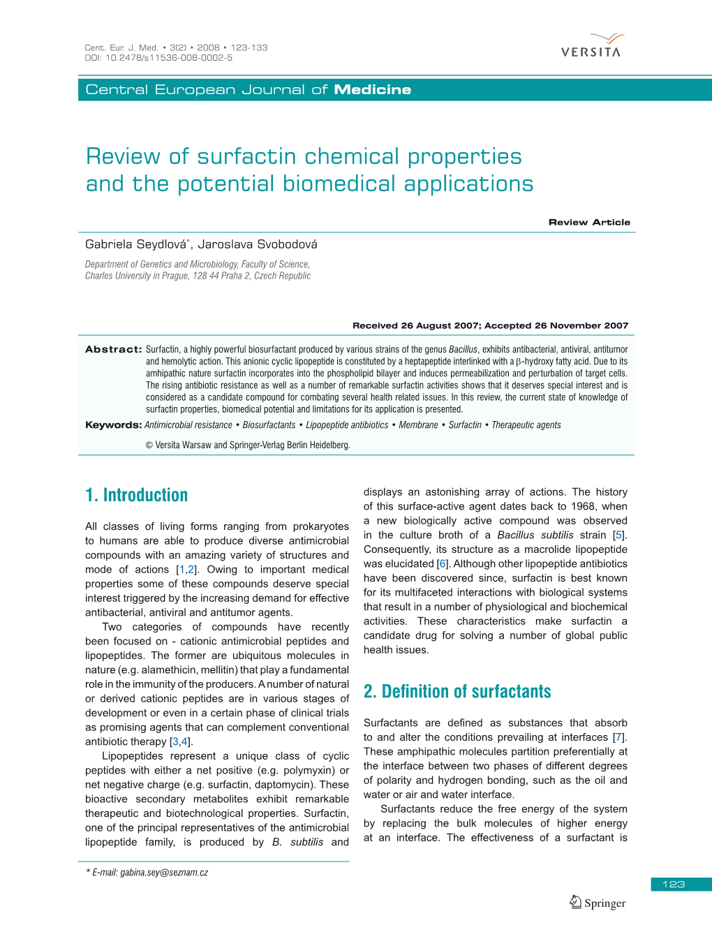 Review of Surfactin Chemical Properties and the Potential Biomedical Applications