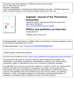 Politics and Aesthetics an Interview Jacques Rancie`Re Available Online: 03 Jun 2010