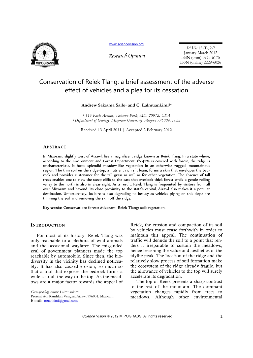 Conservation of Reiek Tlang: a Brief Assessment of the Adverse Effect of Vehicles and a Plea for Its Cessation