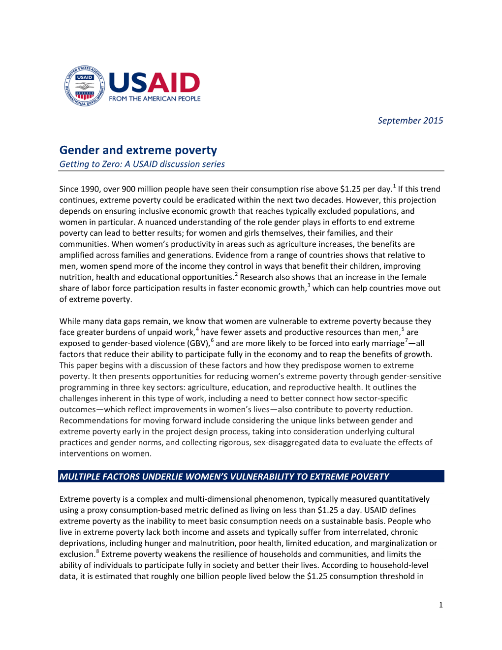 Gender and Extreme Poverty Getting to Zero: a USAID Discussion Series