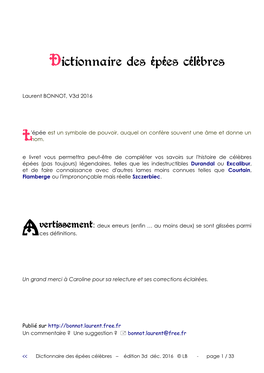 Dictionnaire Des Épées Célèbres