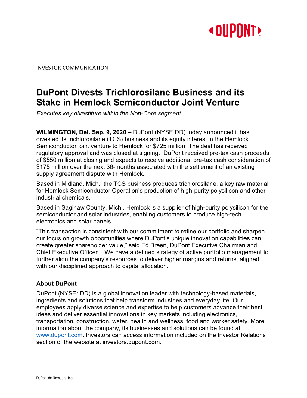 Dupont Divests Trichlorosilane Business and Its Stake in Hemlock Semiconductor Joint Venture Executes Key Divestiture Within the Non-Core Segment