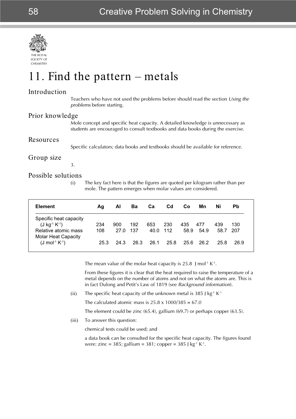 11. Find the Pattern – Metals Introduction Teachers Who Have Not Used the Problems Before Should Read the Section Using the Problems Before Starting