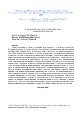Dipartimento Di Scienze Politiche E Università Per Stranieri Di Perugia - Dipartimento Di Scienze Umane E Sociali, 11 - 13 Settembre 2014