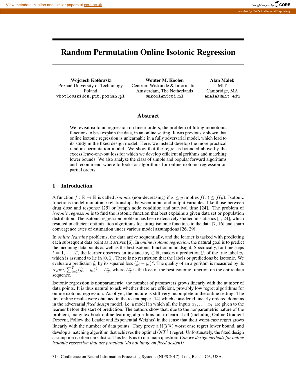 Random Permutation Online Isotonic Regression