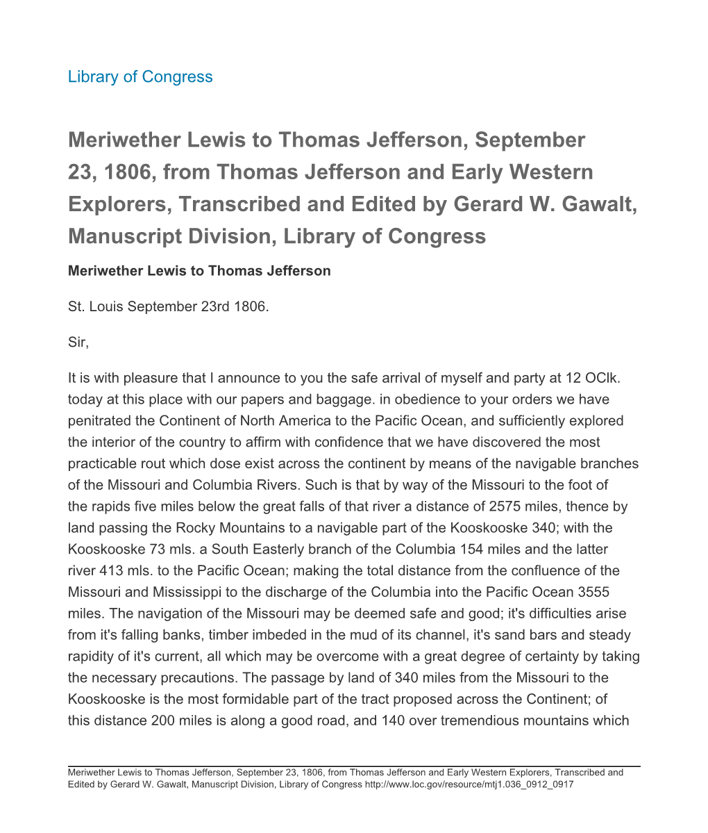 Meriwether Lewis to Thomas Jefferson, September 23, 1806, from Thomas Jefferson and Early Western Explorers, Transcribed and Edited by Gerard W