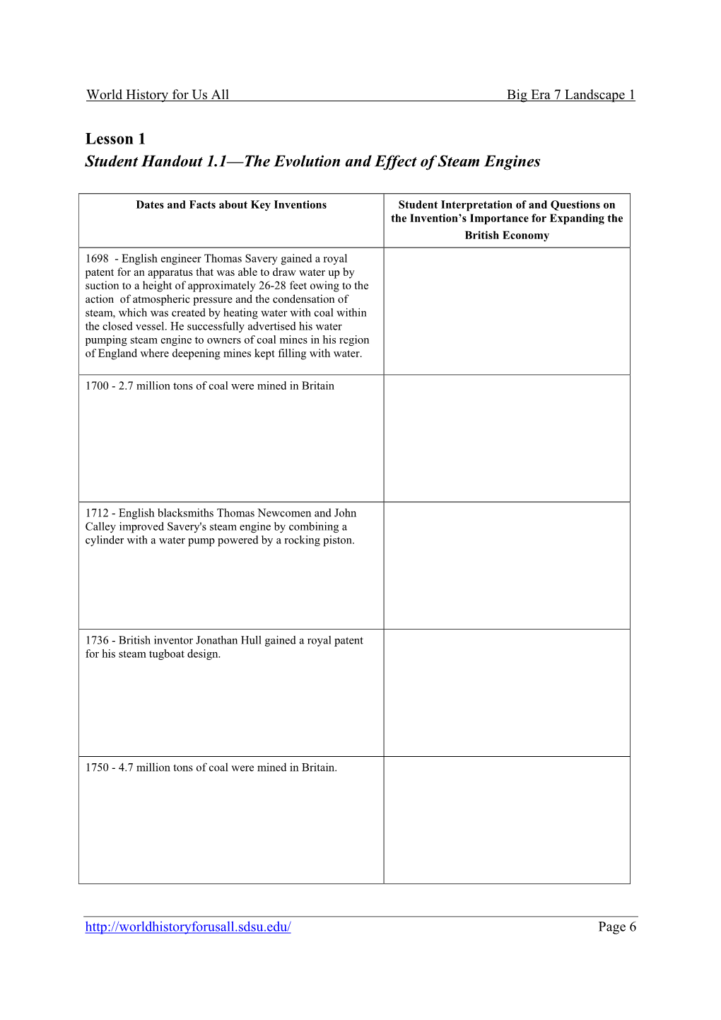 Lesson 1 Student Handout 1.1—The Evolution and Effect of Steam Engines