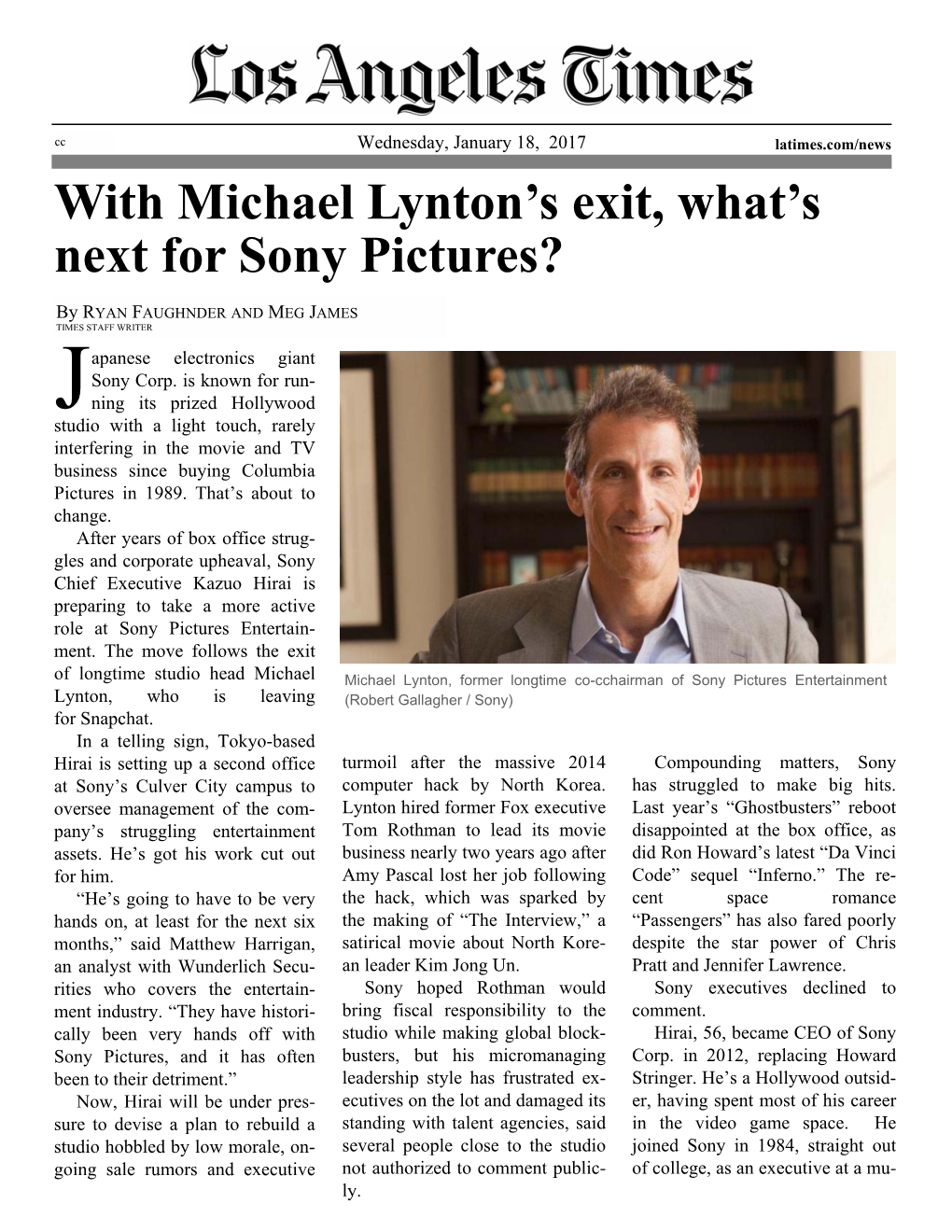 With Michael Lynton's Exit, What's Next for Sony Pictures?
