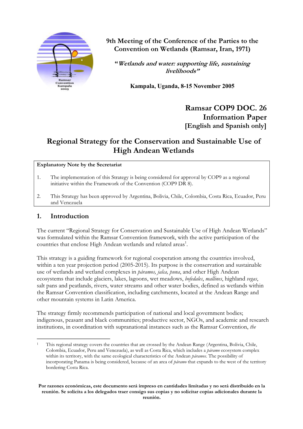 Ramsar COP9 DOC. 26 Information Paper Regional Strategy for the Conservation and Sustainable Use of High Andean Wetlands