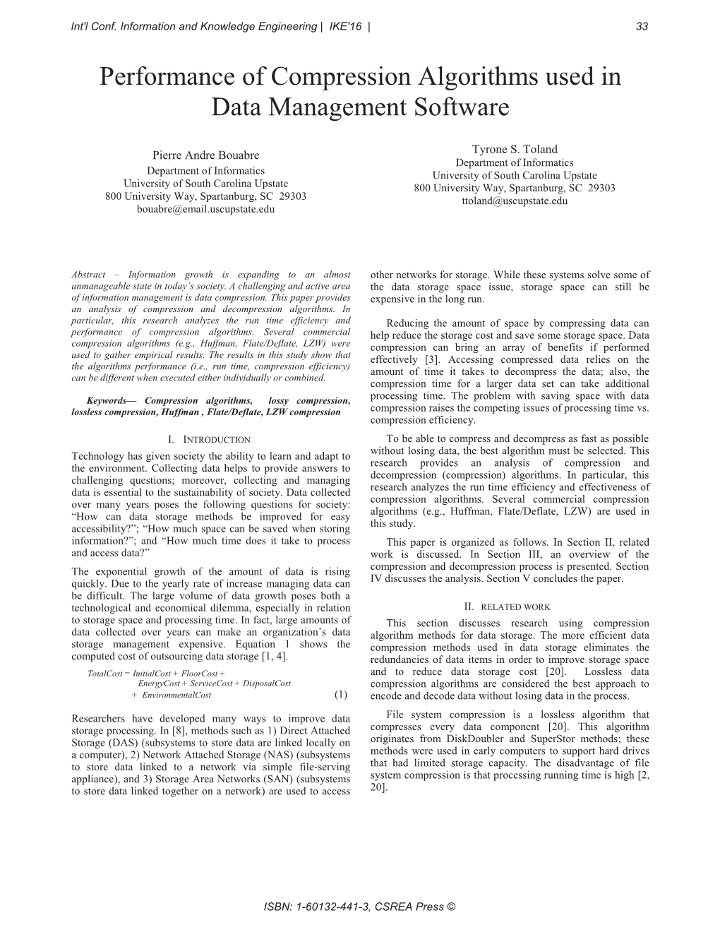 Performance of Compression Algorithms Used in Data Management Software