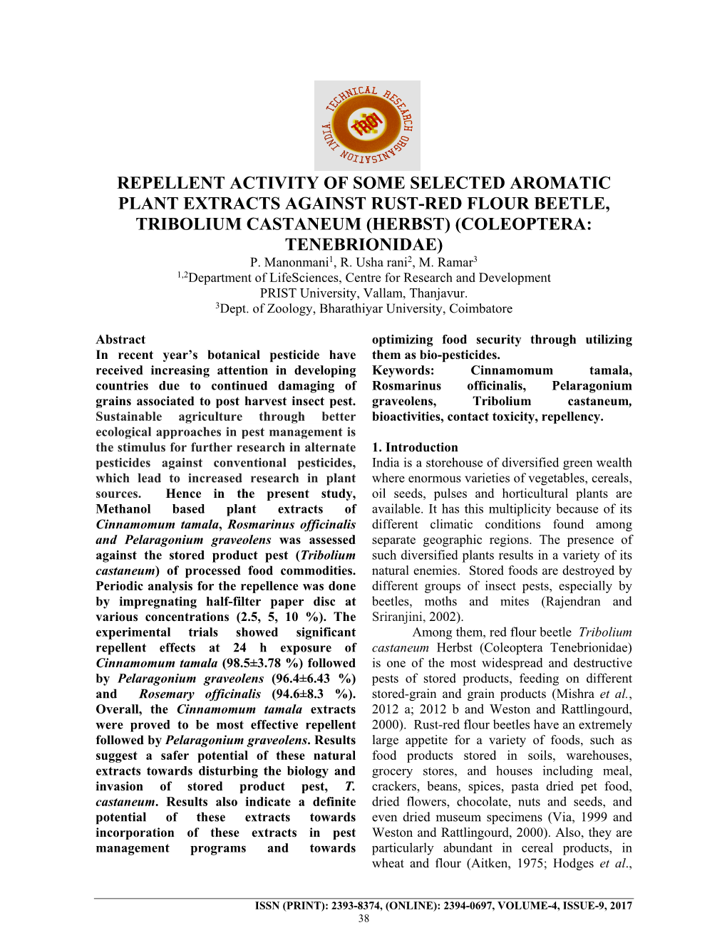 Repellent Activity of Some Selected Aromatic Plant Extracts Against Rust-Red Flour Beetle, Tribolium Castaneum (Herbst) (Coleoptera: Tenebrionidae) P