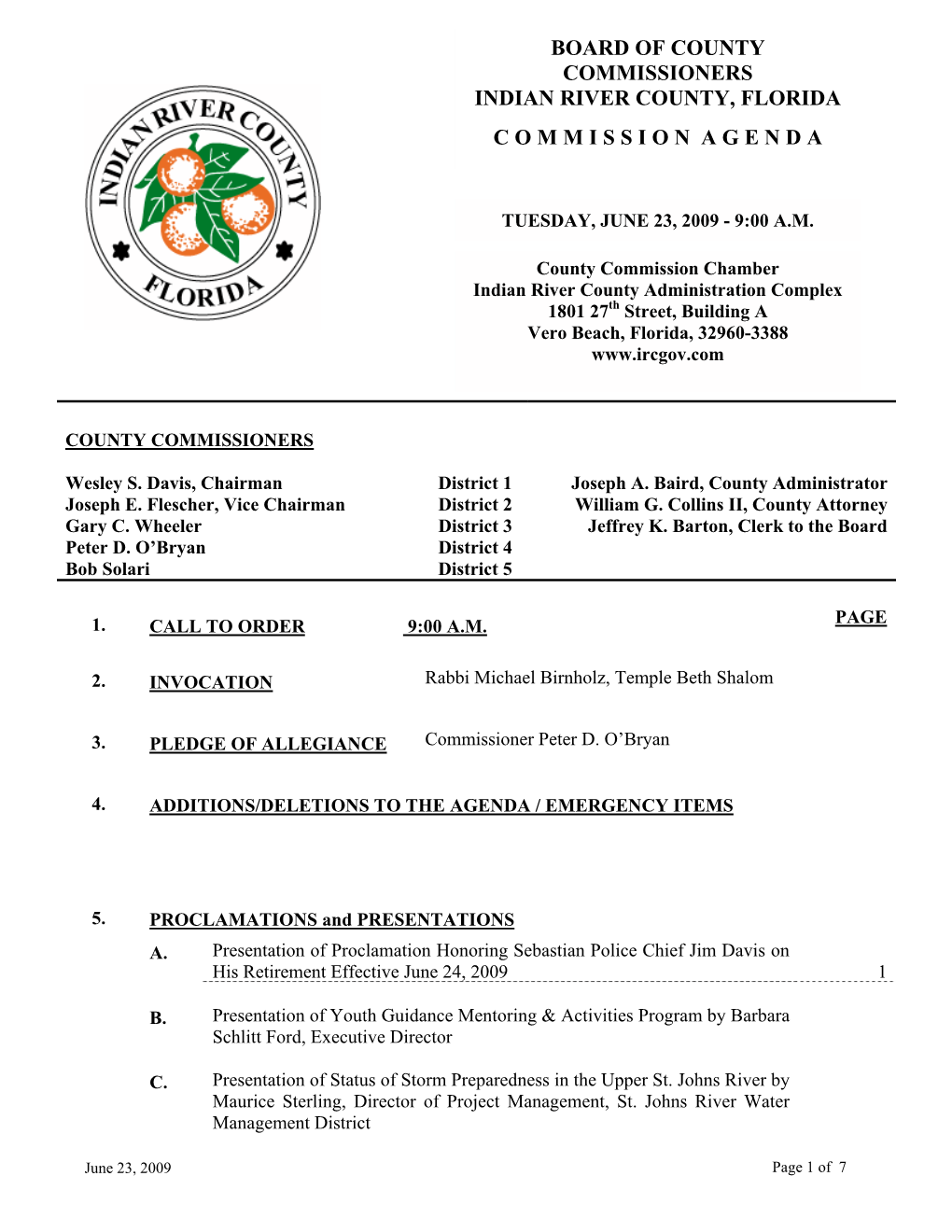 Board of County Commissioners Meeting Agenda 06/23/09
