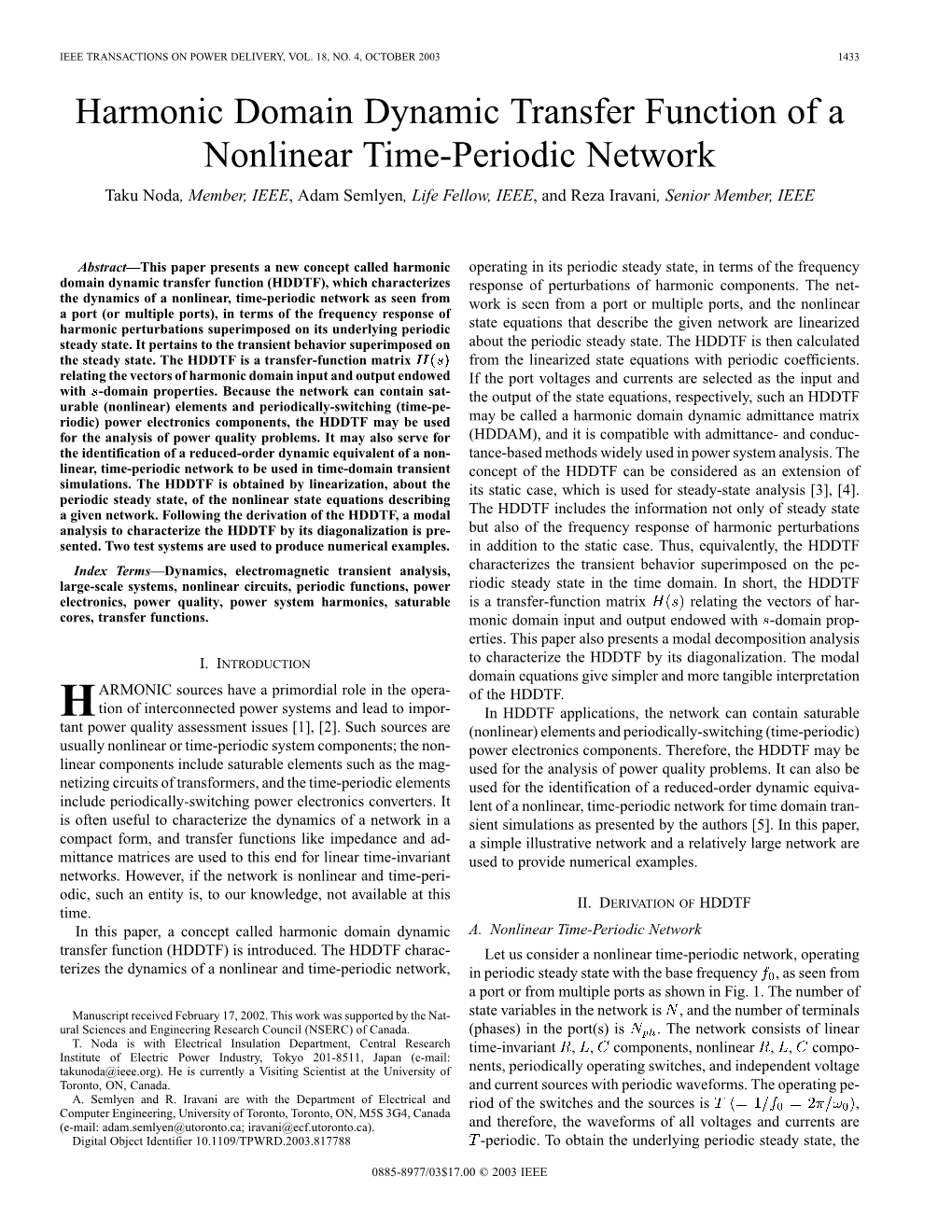 Harmonic Domain Dynamic Transfer Function of a Nonlinear Time-Periodic Network