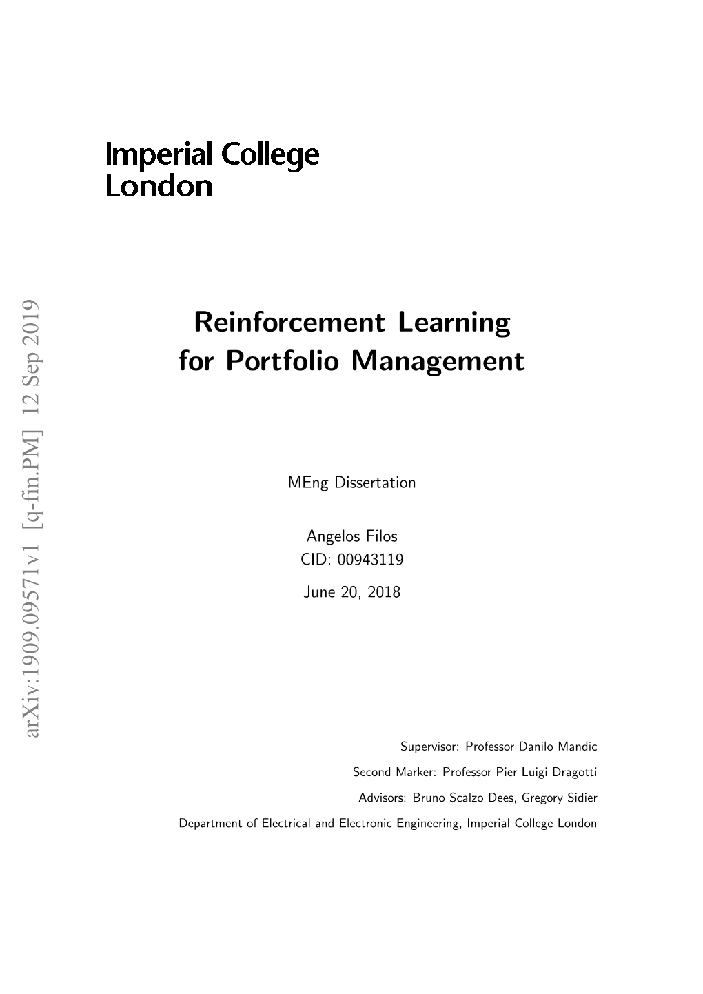 Reinforcement Learning for Portfolio Management