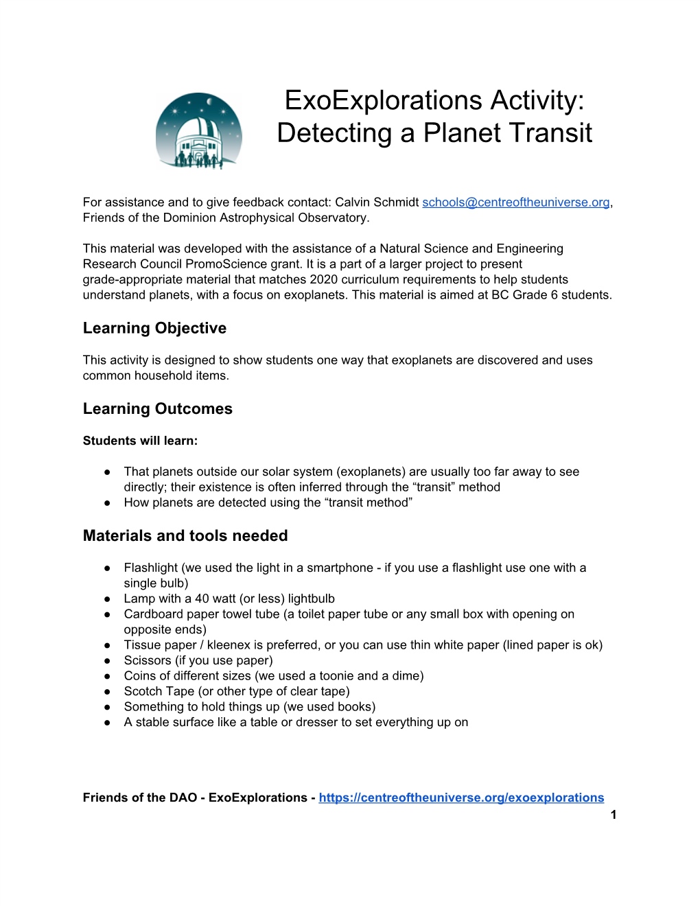 Exoexplorations Activity: Detecting a Planet Transit
