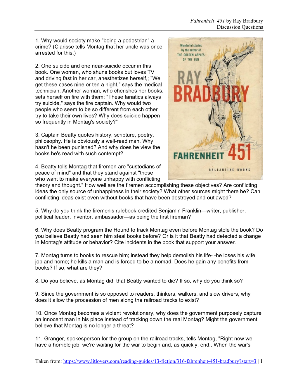 Fahrenheit 451 by Ray Bradbury Discussion Questions Taken From
