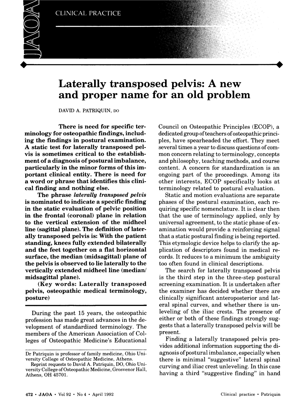 Laterally Transposed Pelvis: a New and Proper Name for an Old Problem