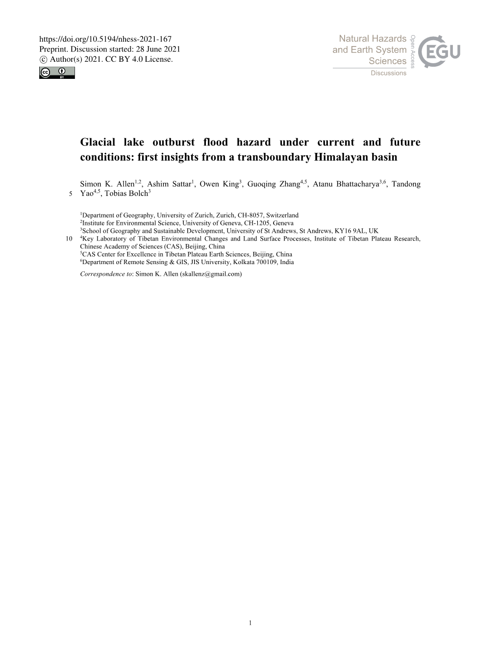 Glacial Lake Outburst Flood Hazard Under Current and Future Conditions: First Insights from a Transboundary Himalayan Basin