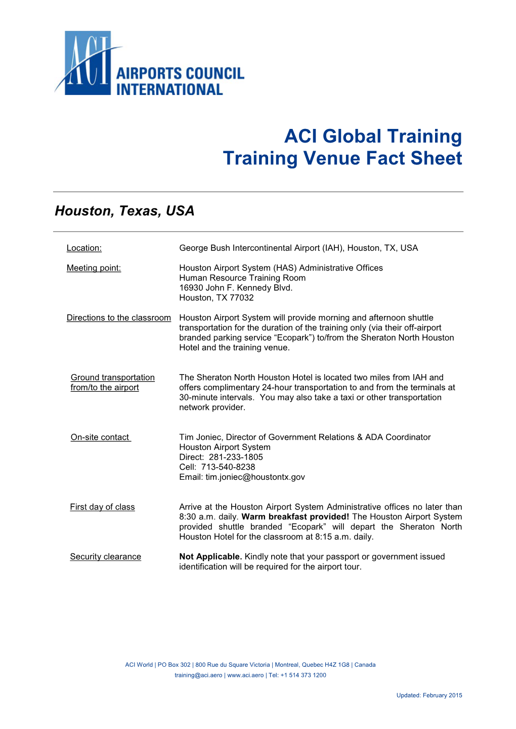 ACI Global Training Training Venue Fact Sheet Houston, Texas