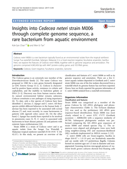 Cedecea Neteri Strain M006 Through Complete Genome Sequence, a Rare Bacterium from Aquatic Environment Kok-Gan Chan1,2* and Wen-Si Tan1