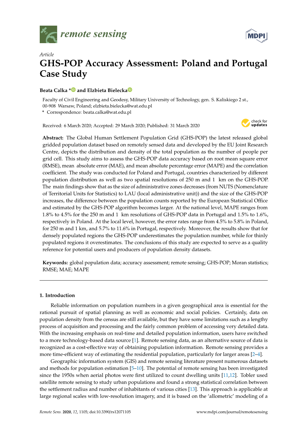 GHS-POP Accuracy Assessment: Poland and Portugal Case Study