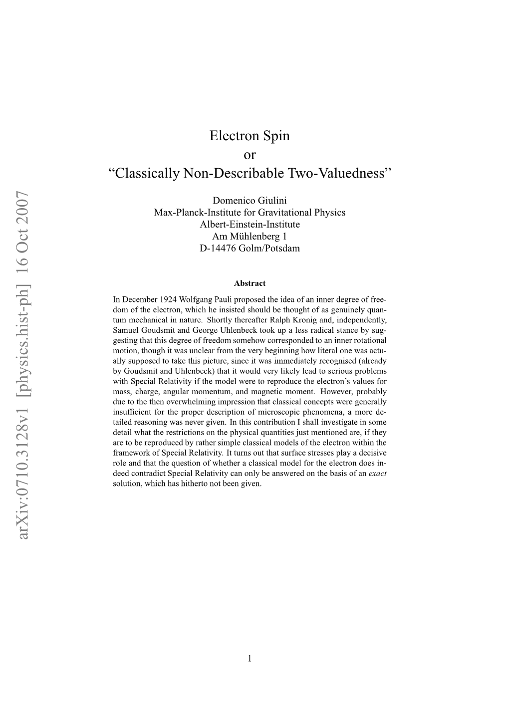 Electron Spin Or" Classically Non-Describable Two-Valuedness"