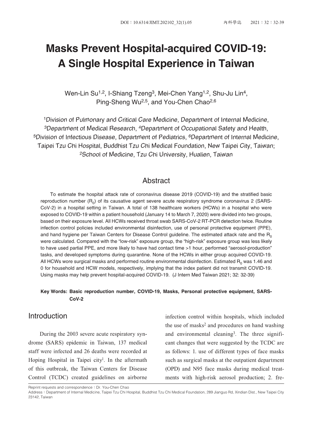 Masks Prevent Hospital-Acquired COVID-19: a Single Hospital Experience in Taiwan