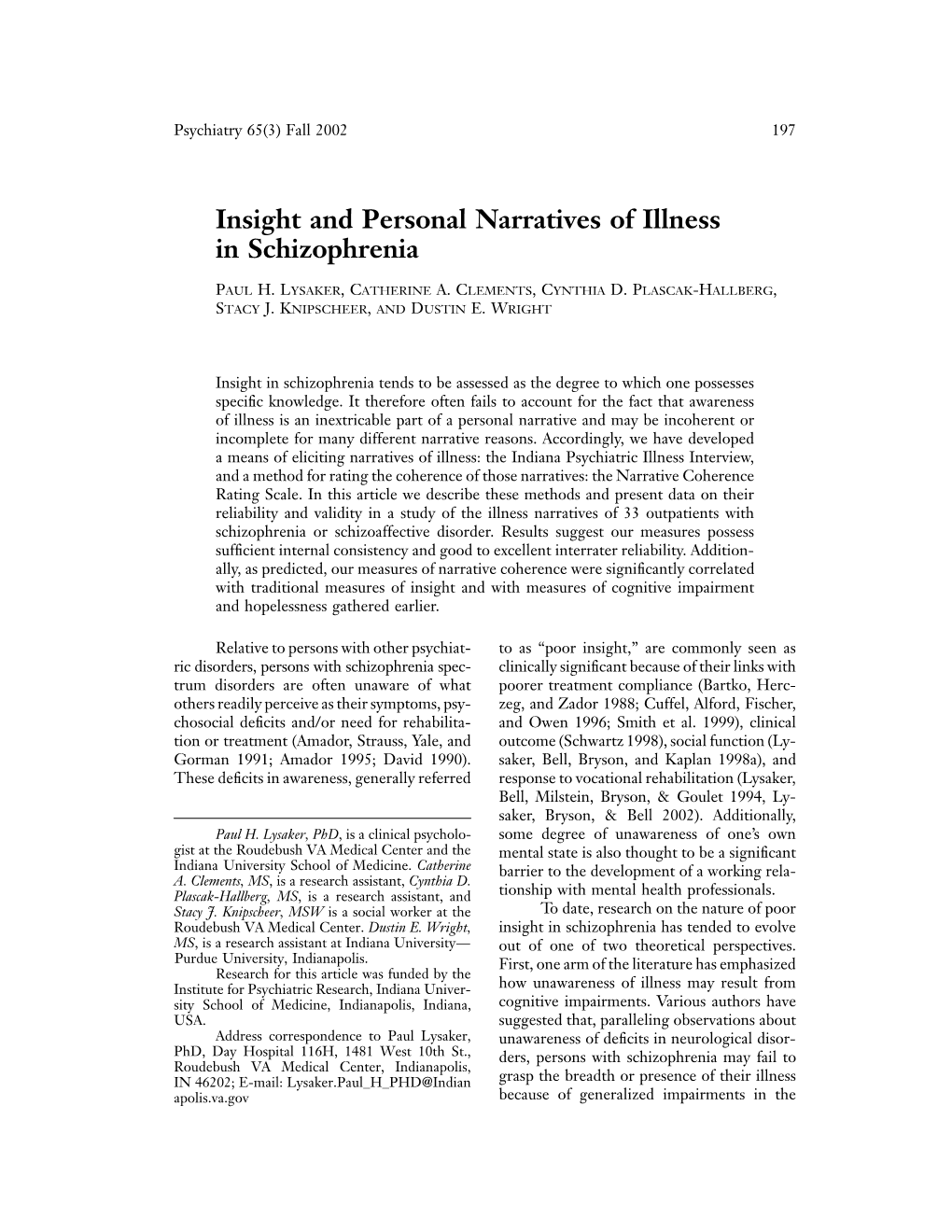 Insight and Personal Narratives of Illness in Schizophrenia