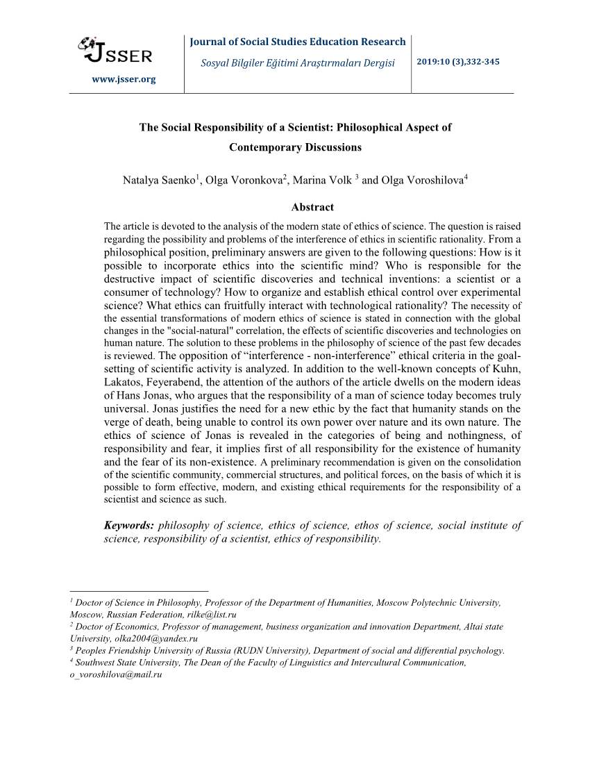 The Social Responsibility of a Scientist: Philosophical Aspect of Contemporary Discussions