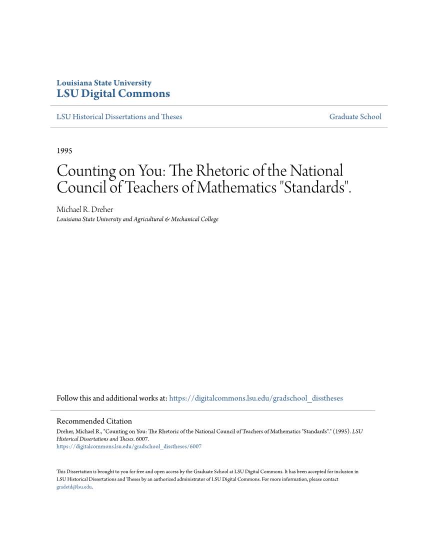 Counting on You: the Rhetoric of the National Council of Teachers of Mathematics "Standards". Michael R