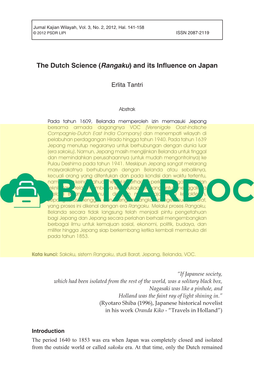 2 the Dutch Science Rangaku and Its Influence on Japan JKWPSDR Vol