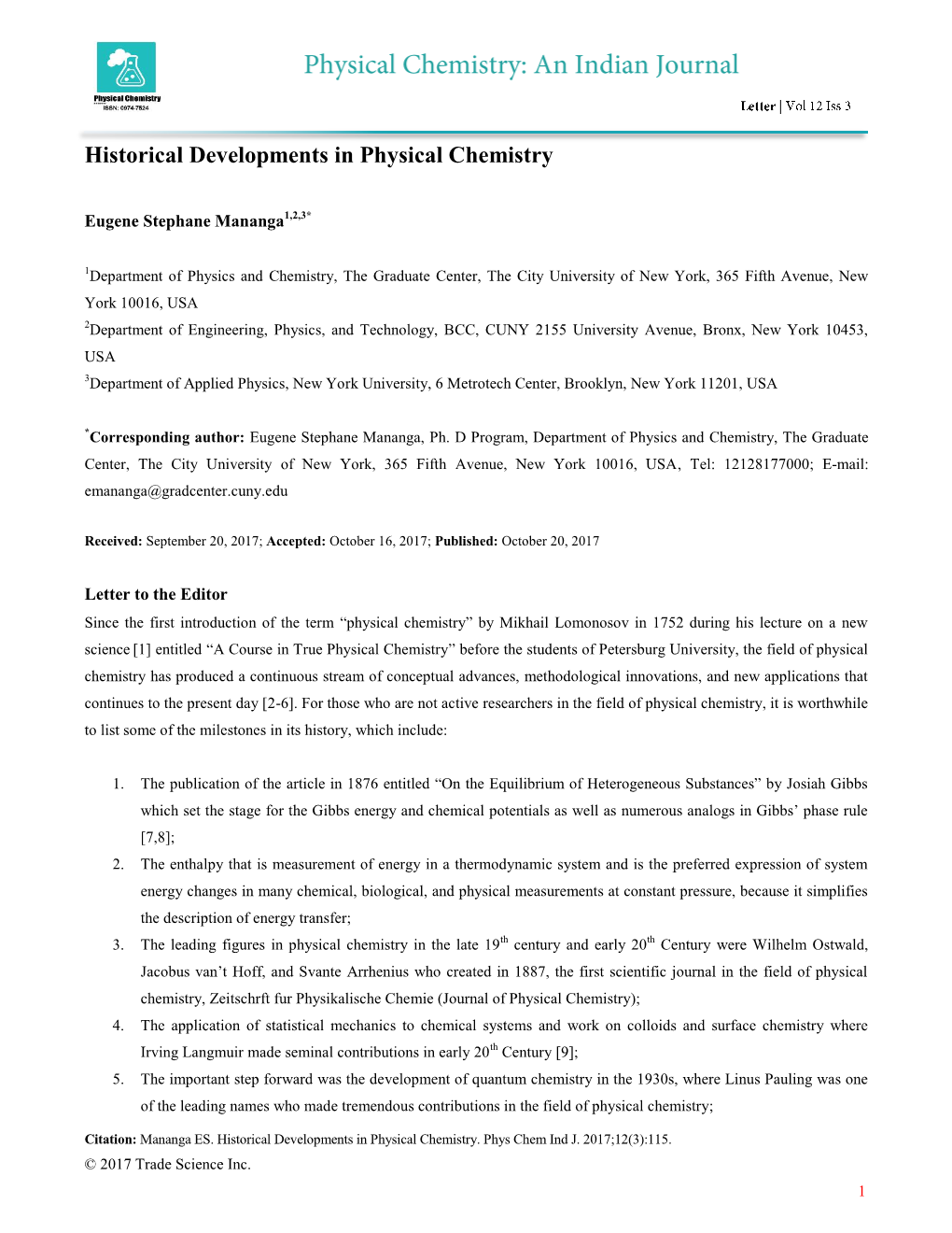 Historical Developments in Physical Chemistry