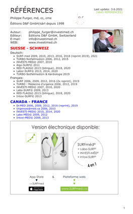 RÉFÉRENCES (4845 REFERENCES) Philippe Furger, Md, Cc, Cme Éditions D&F Gmbh/Sàrl Depuis 1998