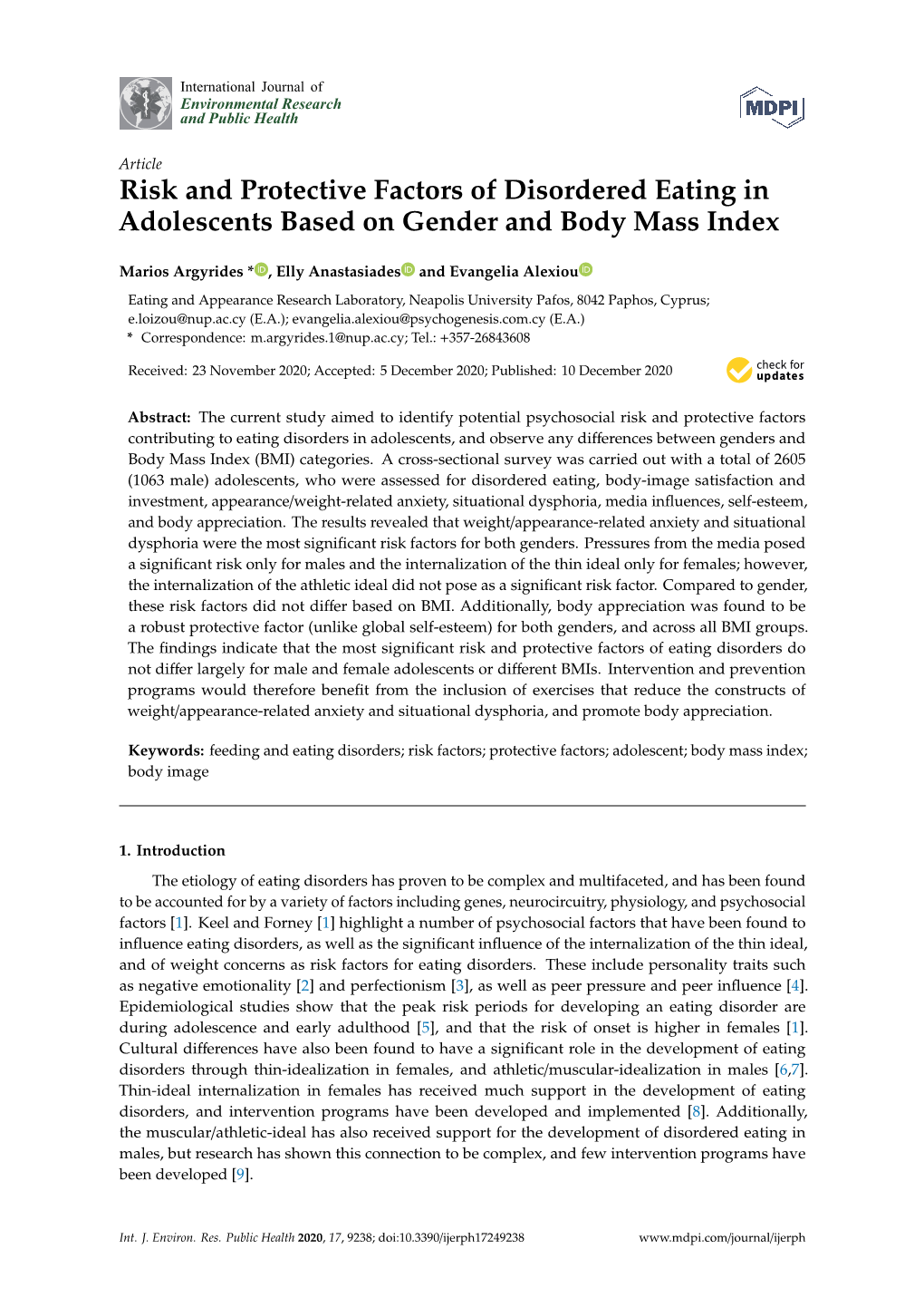 Risk and Protective Factors of Disordered Eating in Adolescents Based on Gender and Body Mass Index