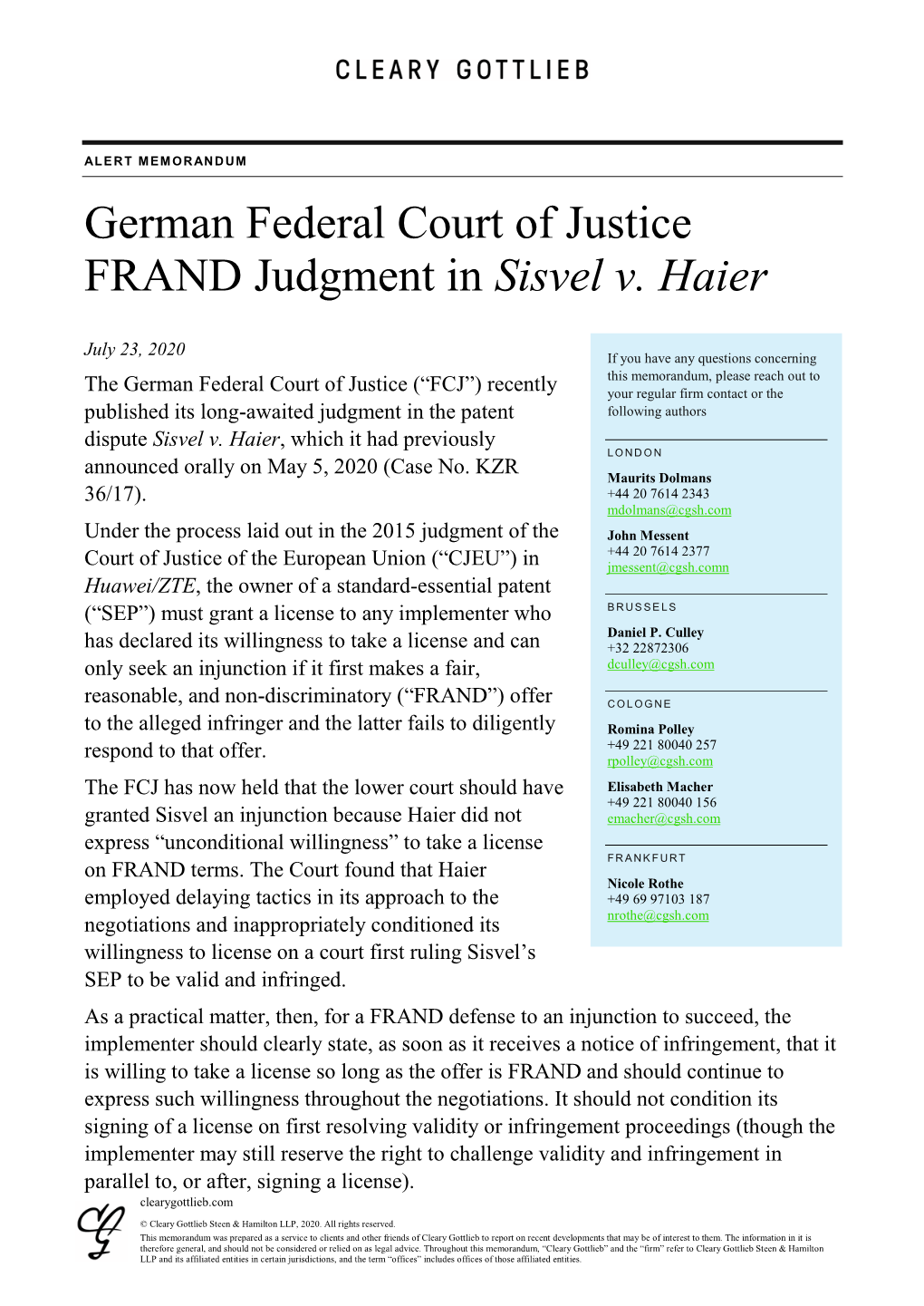 German Federal Court of Justice FRAND Judgment in Sisvel V. Haier